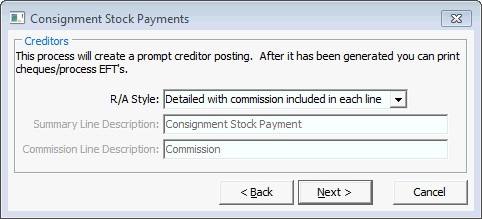 Consignment Stock Payments - Creditors window