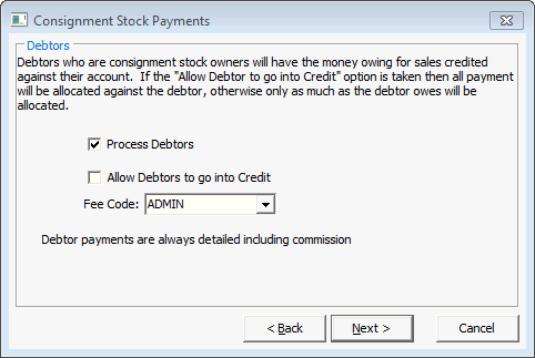 Consignment Stock Payments - Debtors window