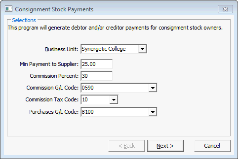 Consignment Stock Payments - Selections window
