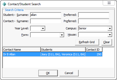 Contact student search window (populated)