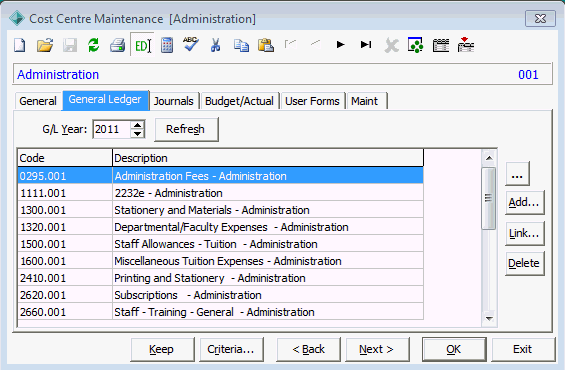 Cost Centre Maintenance - General Ledger tab