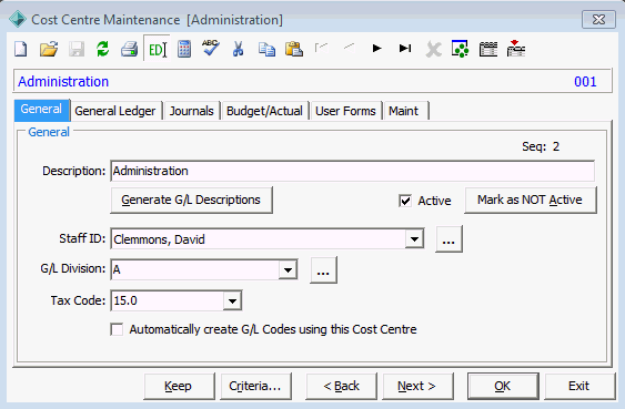 Cost Centre Maintenance - General tab