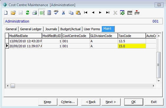 Cost Centre Maintenance - Maint tab