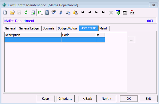 Cost Centre Maintenance - User Forms tab