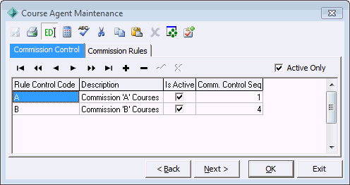 Course Agent Maintenance - Commission Control tab
