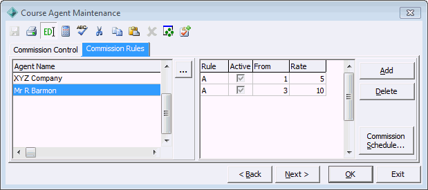 Course Agent Maintenance - Commission Rules tab