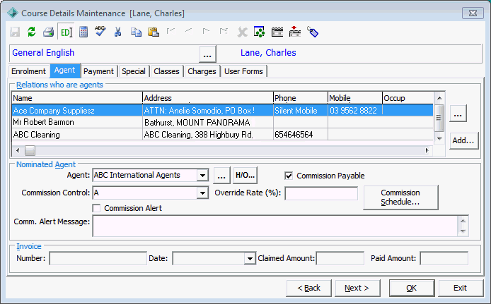 Course Details Maintenance - Agent tab (with Mr Robert Barmon)