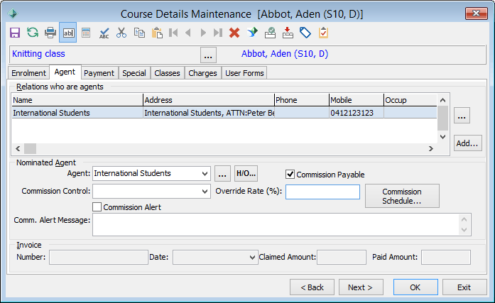 Course Details Maintenance - Agent tab