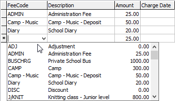 Course Details Maintenance - Charges tab (select Fee Code field)