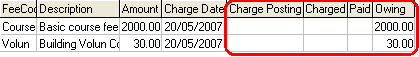 Course Details Maintenance - Charges tab (grid, financial fields highlighted)