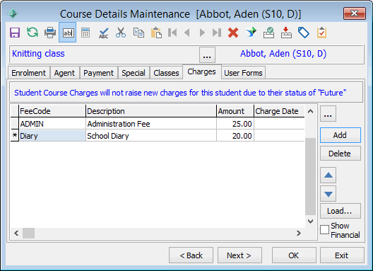 Course Details Maintenance - Charges tab