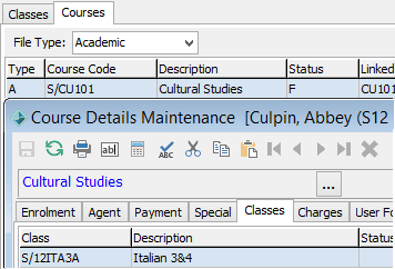 Course Details Maintenance - Classes tab (cut down, with Courses tab)