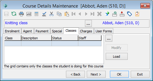 Course Details Maintenance - Classes tab