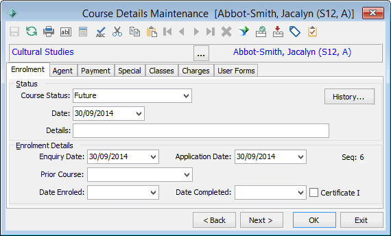 Course Details Maintenance - Enrolment tab