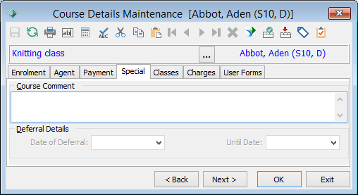 Course Details Maintenance - Special tab