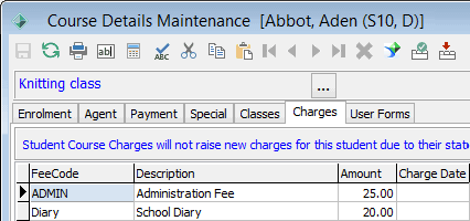 Course Maintenance - Charges tab (cut down)