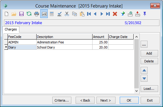 Course Maintenance - Charges tab