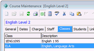 Course Maintenance - Classes tab (cut down)