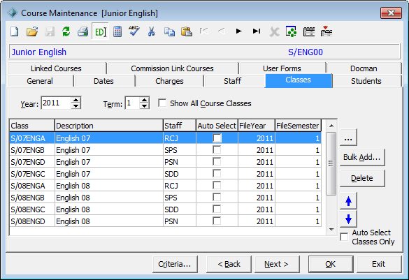 Course Maintenance - Classes tab