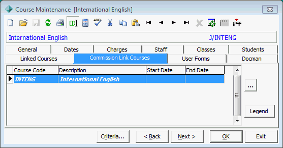 Course Maintenance - Commission Link Courses tab