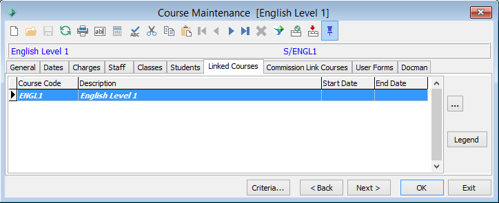 Course Maintenance - Linked Courses tab