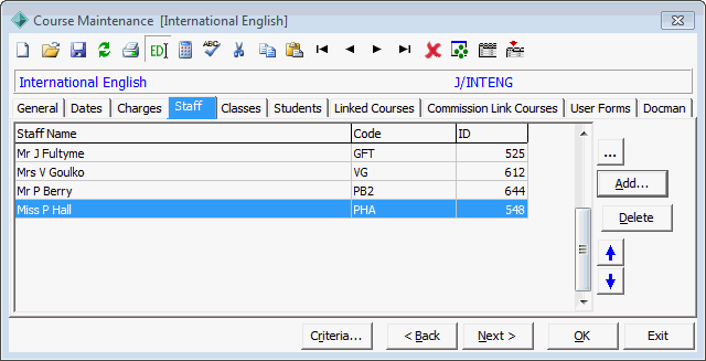 Course Maintenance - Staff tab
