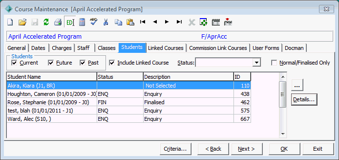 Course Maintenance - Students tab