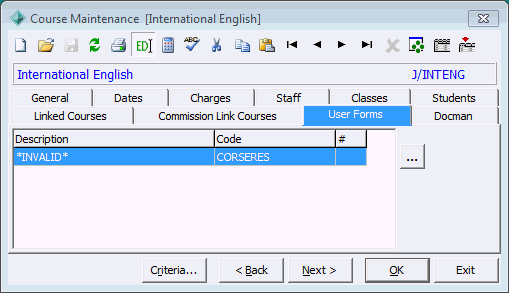 Course Maintenance - User Forms tab