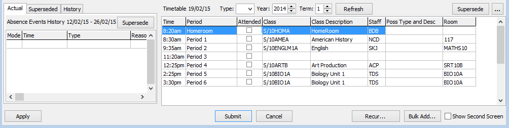 Create Absence Event (Actual and Superseded tabs, timetable grid, 63)