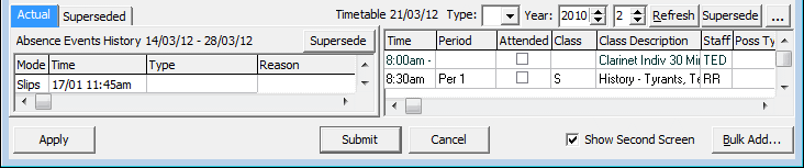 Create Absence Event (Actual and Superseded tabs, timetable grid, 63, Agius Anthony)