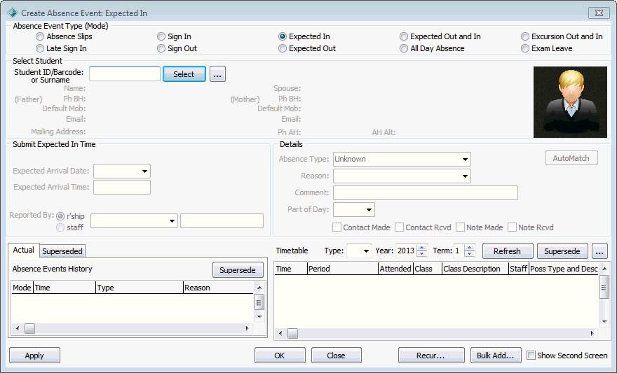 Create Absence Event (expected in, added area)