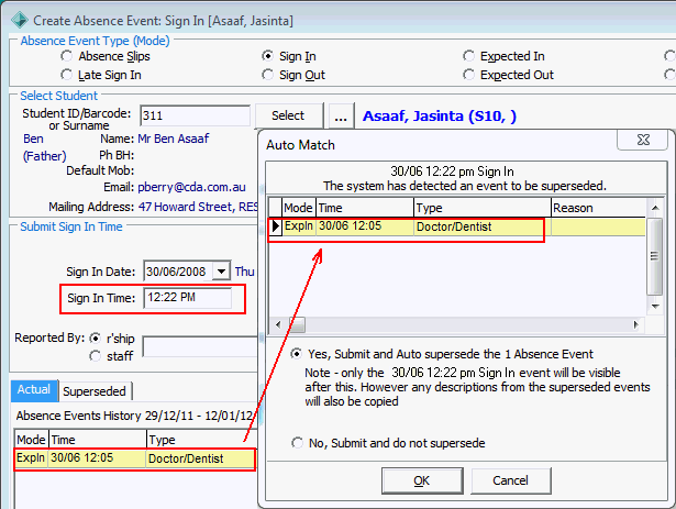 Create Absence Event window (including Auto Match)