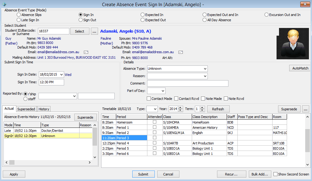Create Absence Event (Sign in, populated, added area)