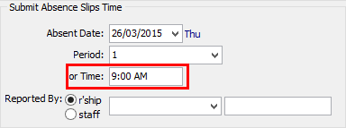Create Absence Event window (Submit Absence Slips Time area)