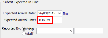 Create Absence Event window (Submit Expected In Time area)