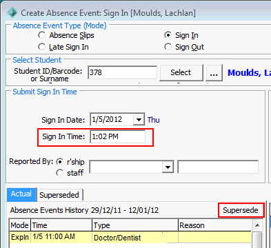 Create Absence Event window (cut down)