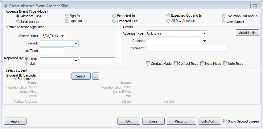 Create Absence Event - Absence slips (visible Exam Leave)