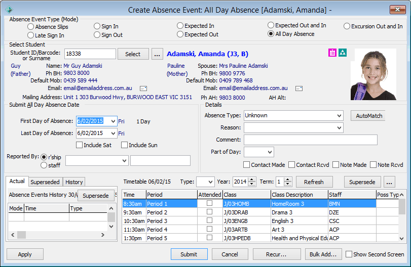 Create Absence Event - All Day Absence (populated, after select student, added area)