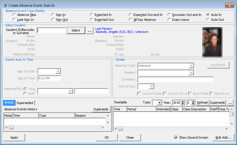 Create Absence Event - Auto Sign In (populated, 2, area added, Adam Adamski)