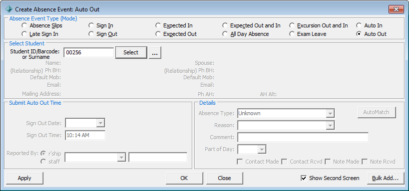Create Absence Event - Auto Sign Out (populated, 1, Adam Adamski)