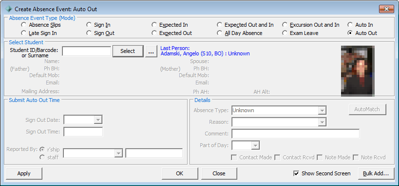 Create Absence Event - Auto Sign Out (populated, 2, Adam Adamski)