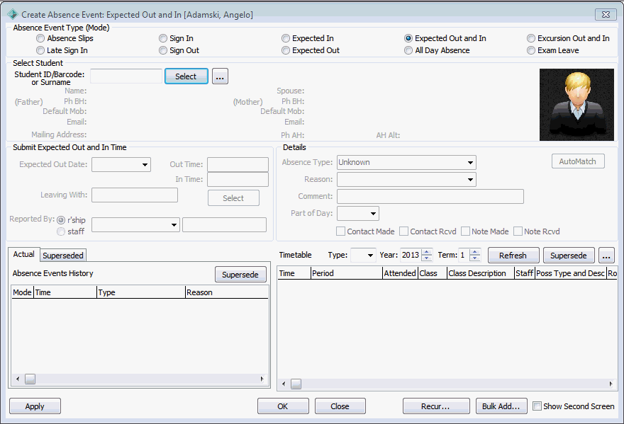 Create Absence Event - Expected Out and In (added area)