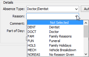 Reason drop-down list (Create Absence Events window)