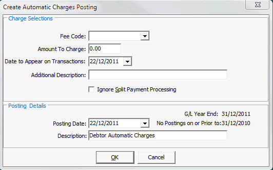 Create Automatic Charges Posting window