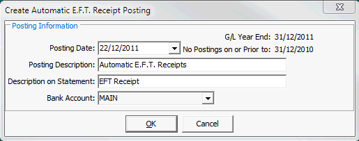Create Automatic E.F.T. Receipt Posting window