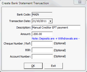 Create Bank Statement Transaction window