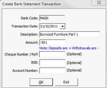Create Bank Statement Transaction (populated) n.b. graphics output problem