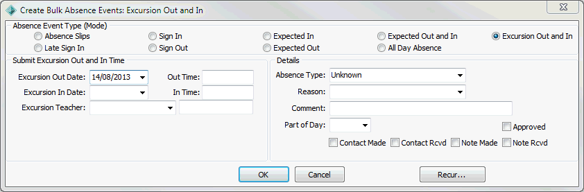 Create Bulk Absence Events window - Excursion Out and In