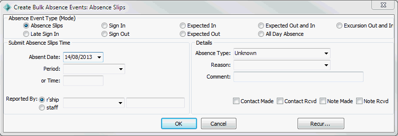 Create Bulk Absence Events window