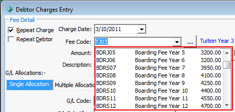 Create Debtor Charges window (Fee Code field)